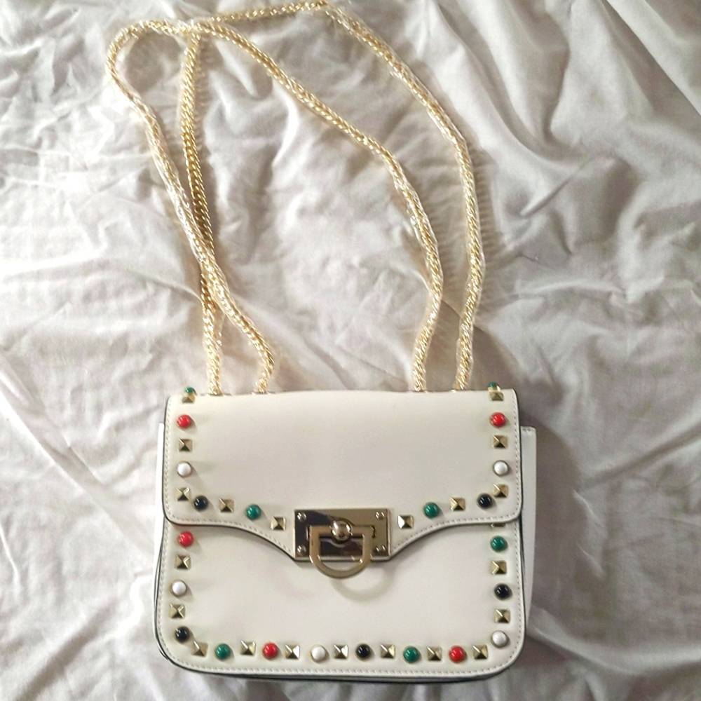 Studded creamy white clutch, shoulder bag or purse